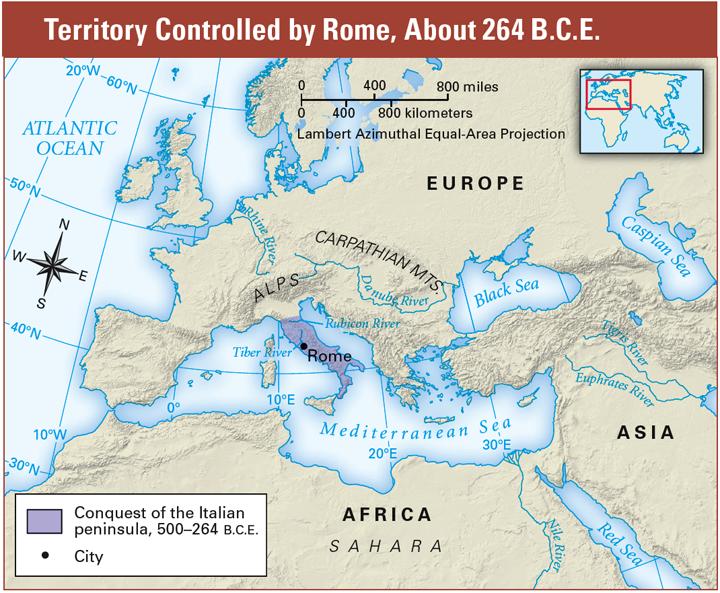 at great cost. Romans had been fighting for two centuries. And the Gauls had once destroyed their capital city. By 264 B.C.E., the Romans had taken over the entire Italian peninsula.