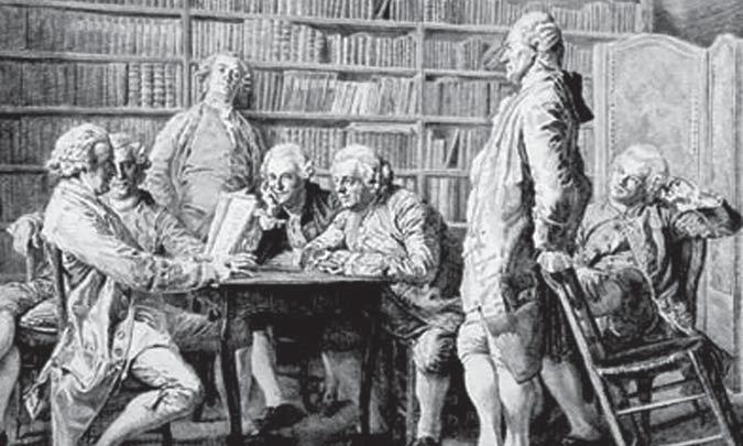 144 SYDNEY SHEA Denis Diderot (left, seated) and his pretentious fanboy buddies are shown here getting giddy about the latest boring essay by Jean-Jacques Rousseau.