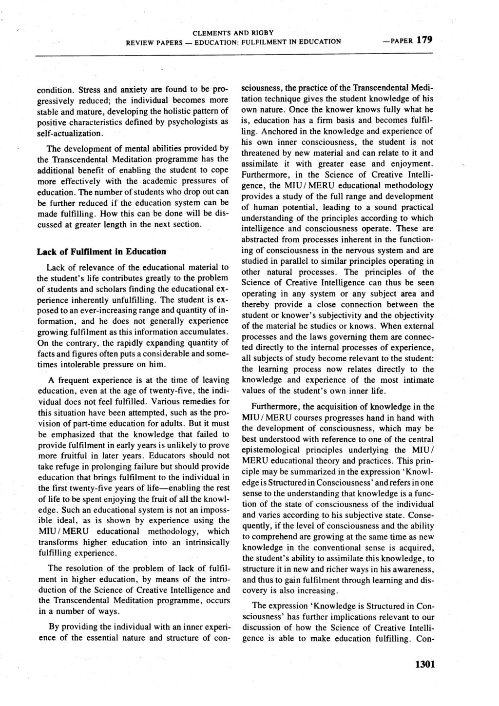 CLEMENTS AND RIGBY REVIEW PAPERS- EDUCATION: FULFILMENT IN EDUCATION -PAPER 179 condition.
