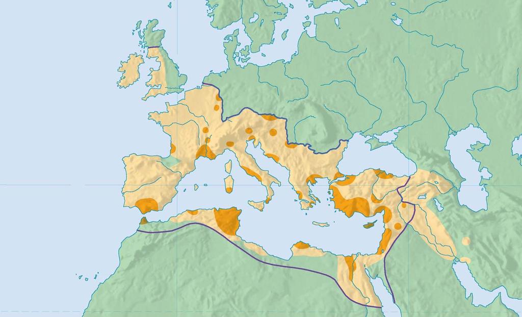 Spread of Christianity in the Roman World to A.D. 500 0 BRITAIN North Sea 40 E Christian areas, 325 Additional Christian areas, 500 Boundary of Roman Empire, 395 Rhine R. Danube R.