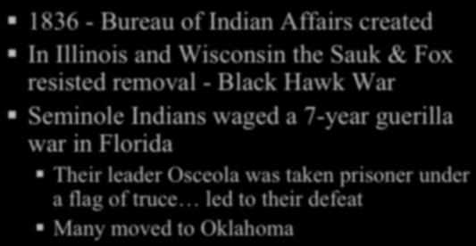 JACKSON S PRESIDENCY Native Americans! 1836 - Bureau of Indian Affairs created! In Illinois and Wisconsin the Sauk & Fox resisted removal - Black Hawk War!