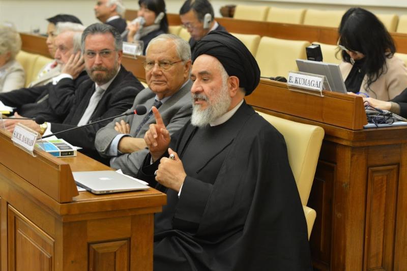 FOR IMMEDIATE RELEASE Partnership in "Ethics in Action" Initiative Multireligious Collaboration for Moral Solutions to Global Challenges (Front Row. R-L: Ayatollah Damad; H.E. Dr.