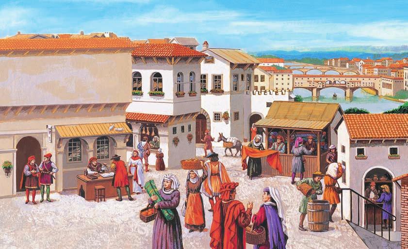 History Close-up Florence A market in Florence buzzes with activity in this scene showing what Florence may have looked like in the 1400s.