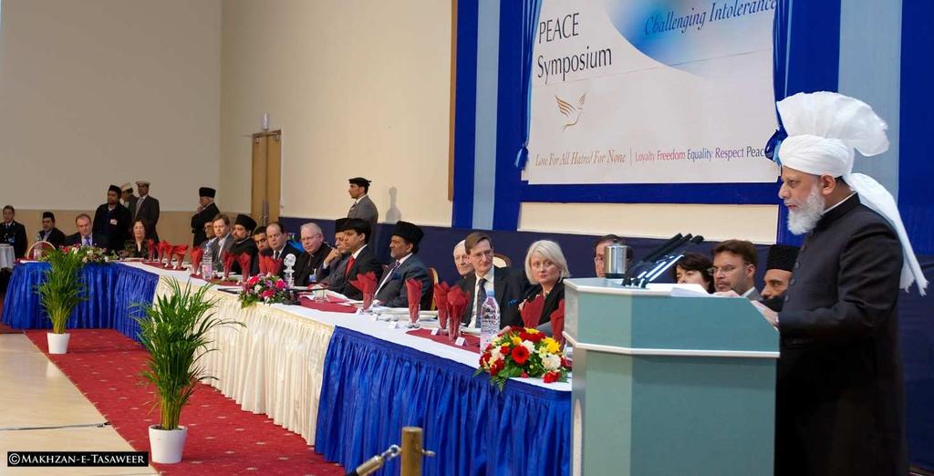 During his keynote address Hadhrat Mirza Masroor Ahmad spoke about the causes underpinning the current political turmoil sweeping through many Arab and North African countries; about Britain s long