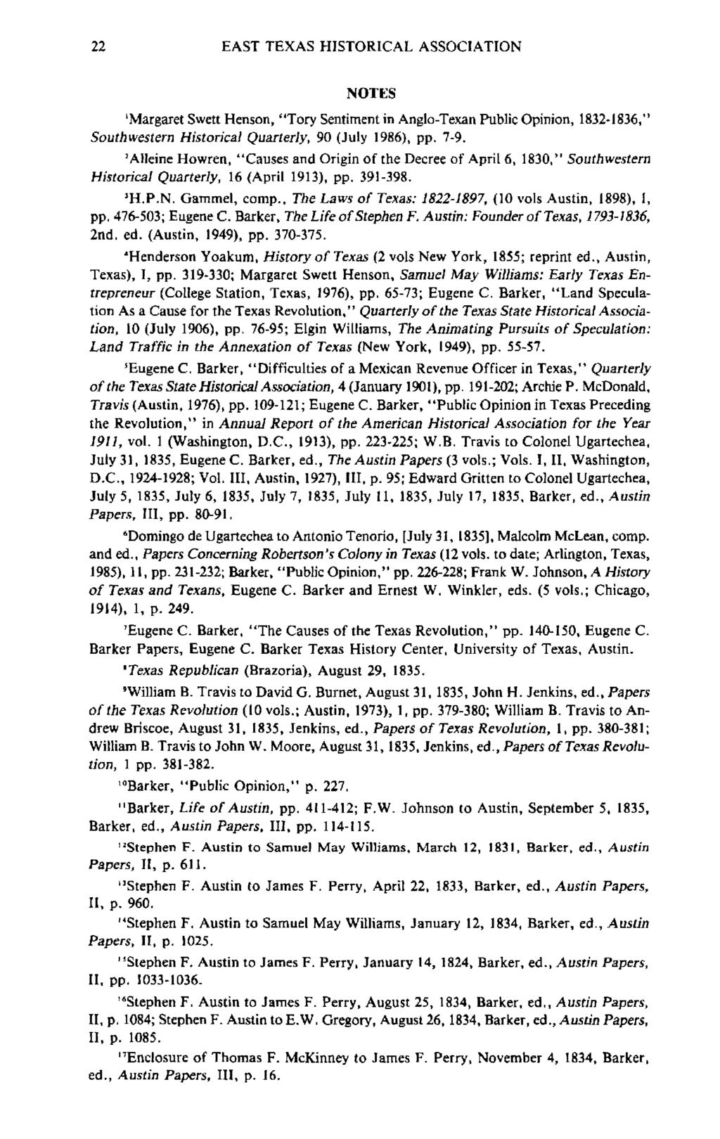 22 EAST TEXAS HISTORICAL ASSOCIAnON NOTI-:S IMargaret Swett Henson, "Tory Sentiment in Anglo-Texan Public Opinion, 1832-1836," Southwestern Historical Quarterly, 90 (July 1986), pp. 7-9.