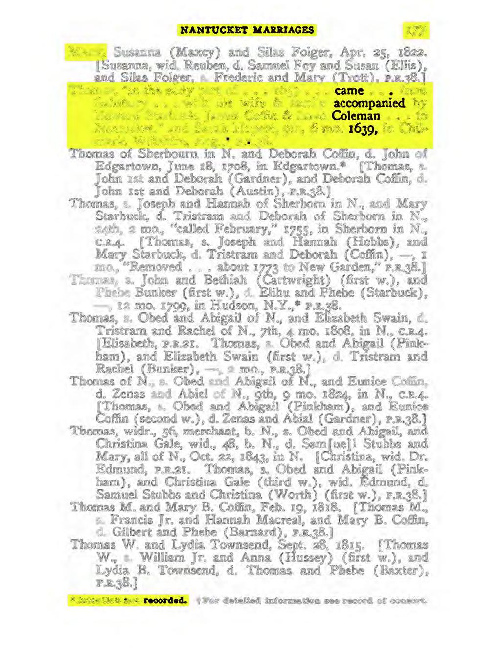 NANTUCKET KAaltJAGBS lfacy', Susanna (Ma.xcy) and Silas Folger, Apr. 25, 1822. [Susanna, wid. Reuben, d. Samuel Foy and Susan (Ellis), and Silas Folger~ s. Frederic and Mary (Trott), PLR.J8.