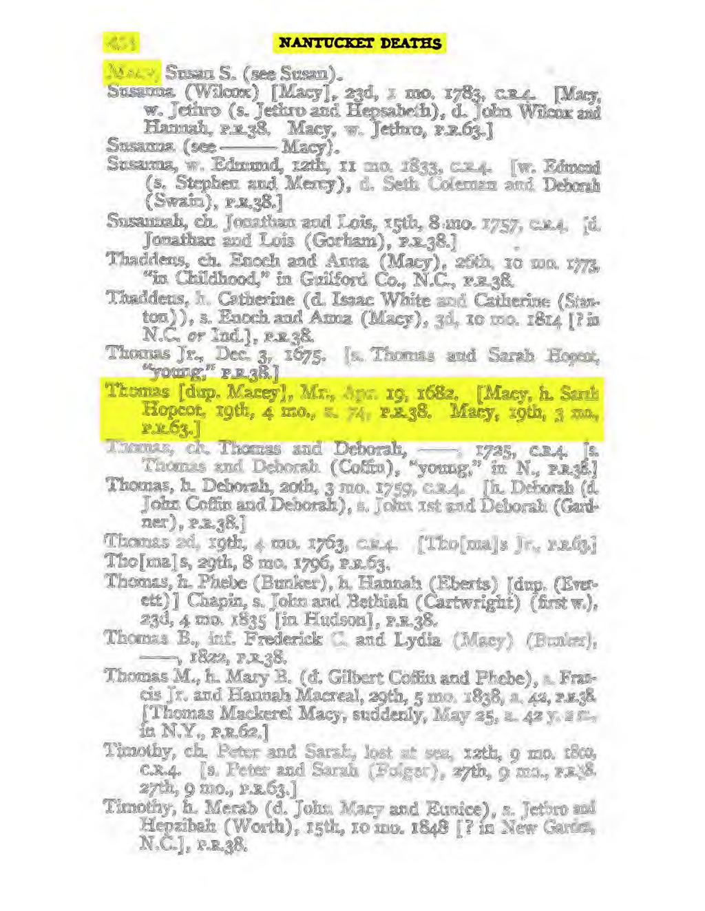 434 JllANrol :I F:t DEATBS.MACY, Susan S. (see Susan). Susanna (Wilcox) [Macy] ~ 23~ I mo. 1783, c R 4 [Macy. w. Jethro (s. Jethro and Hepsabeth), d. John Wilcox and Hannah, P.R.J8. Macy, w.