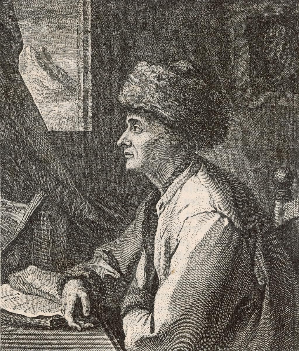 In this image of Rousseau sitting at his desk in Neufchatel, Switzerland, the writer wears his favorite Armenian hat, which became