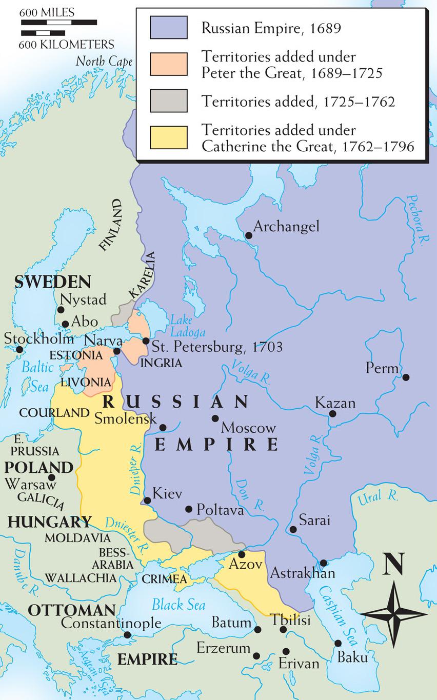 Map 17 1 EXPANSION OF RUSSIA, 1689 1796 The overriding territorial aim of the two most powerful Russian monarchs of the 18th century, Peter the Great (in the first quarter of the century) and