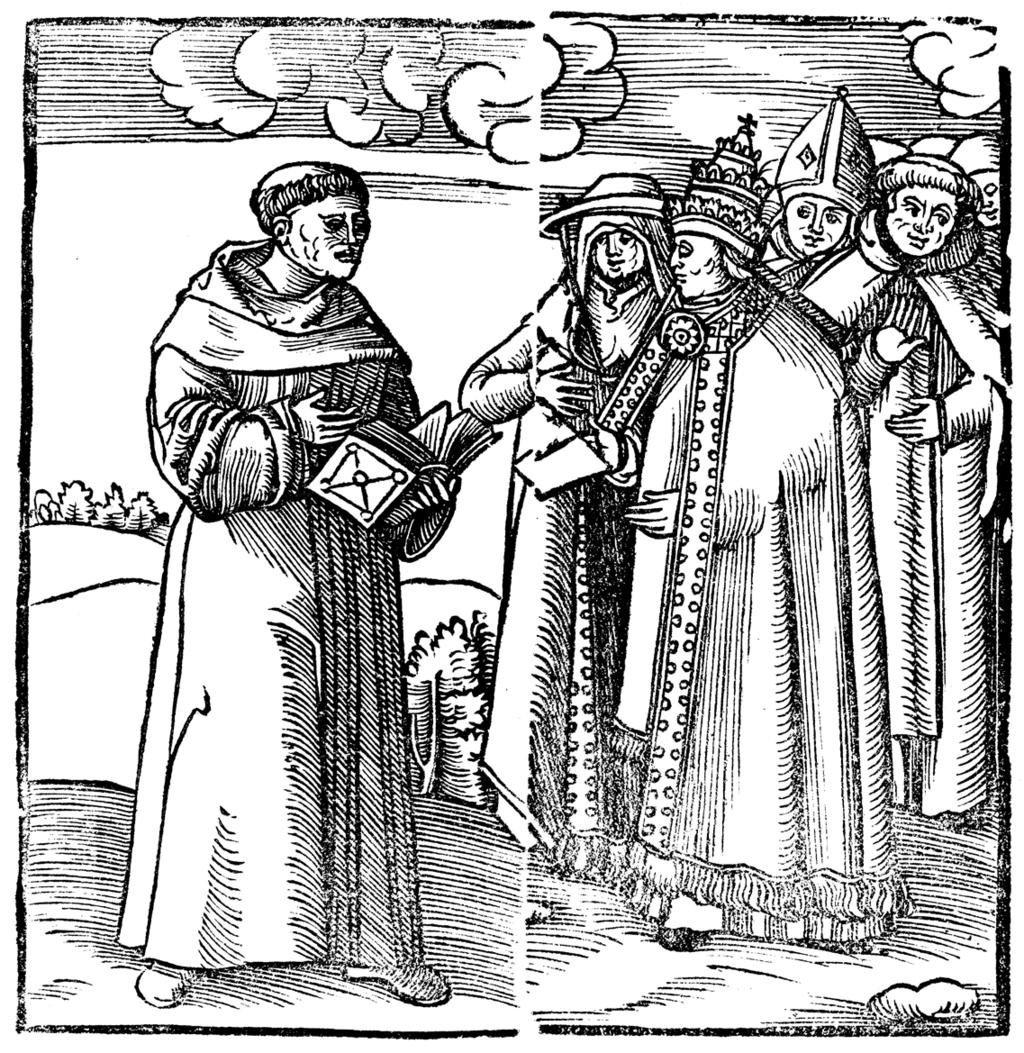 374 THE ROOTS OF REFORM Luther is shown as an Augustinian monk debating the pope, a cardinal, a bishop, and another monk. ecclesiastical authority.