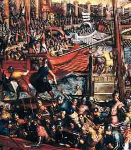The Decline of the Empire This painting by an Italian artist dramatizes the Ottoman Turks conquest of Constantinople in 1453. After Justinian died in A.D. 565, the Byzantine Empire suffered from many wars and conflicts with outside powers.
