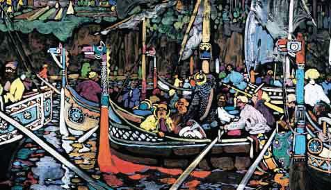 Kievan trade This modern painting shows one Russian artist s idea of what trade on the rivers of Kievan Russia may have looked like.