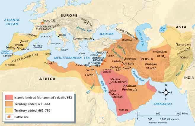Expansion of Islam, A.D. 632 A.D. 750 Interpreting Maps Within a little more than 100 years after Muhammad s death, the Muslim Empire stretched from western Europe eastward to the border of China.