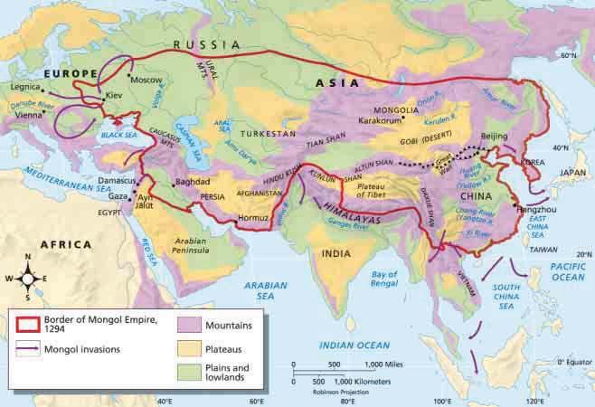 [INSERT MAP Mongol Empire, 1294 from P/N, p. 284] Mongol Empire, A.D. 1294 Interpreting Maps Under the leadership of Genghis Khan and his grandson Kublai Khan, Mongol soldiers captured much of Asia.