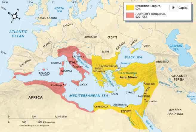 The Byzantine Empire, A.D. 526 A.D. 565 Interpreting Maps As a result of Emperor Justinian s victories over Germanic invaders, he recaptured many of the lands around the Mediterranean coast.