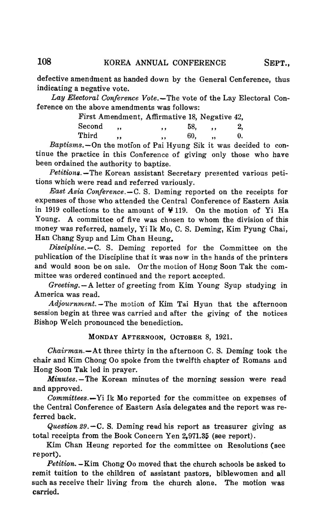 108 KOREA ANNUAL CONFERENCE SEPT., defective amendment as handed down by the General Cenference, thus indicating a negative vote. Lay Electoral Conference Vote.