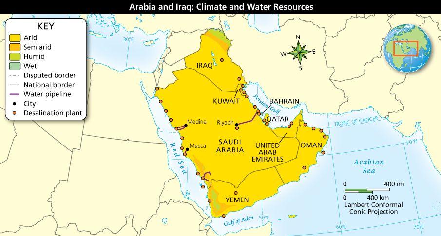 Climate, Water, and People in Arabia and Iraq Because of dry climates in this region, water is scarce.