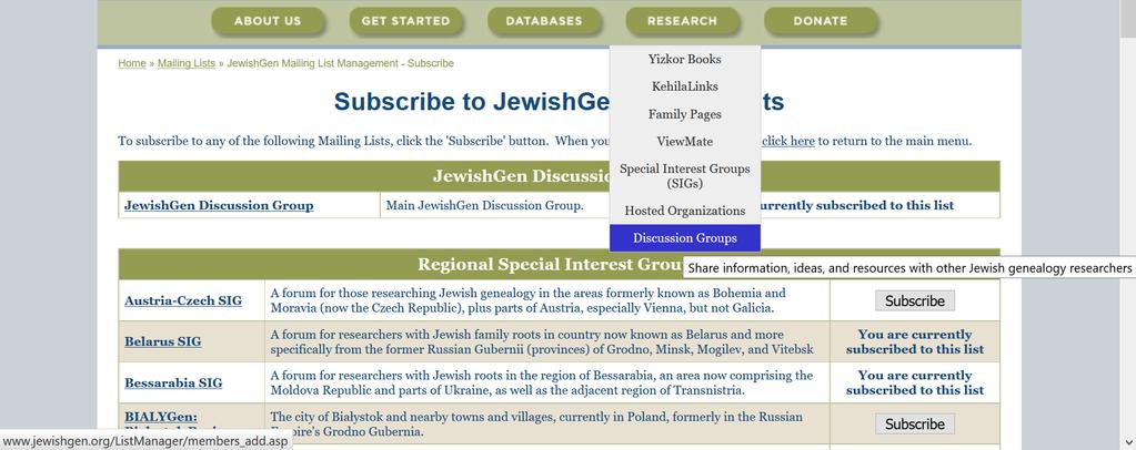 Subscribe to Discussion Lists http://www.jewishgen.