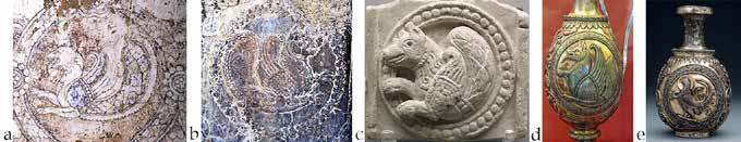 Fig. 12. Images depicting a simurgh or cock in a roundel: a) Detail of a robe in mid 7 th -century Sogdian mural at Afrasiab; b) Detail of robe of Khosro II, r.
