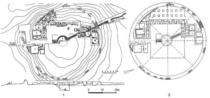 Fig. 1. Caravanserai Talaikhan-ata: 1) Plan and section (by M.S. Lapirov-Skobko); 2) Reconstruction of plan (by S. G. Khmel nitskii).
