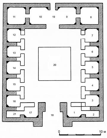 Fig. 3. The suburban caravanserai at Jend (after K. M. Baipakov). Along the western and northern sides of the courtyard were iwans measuring 2.75 x 2.1 m.