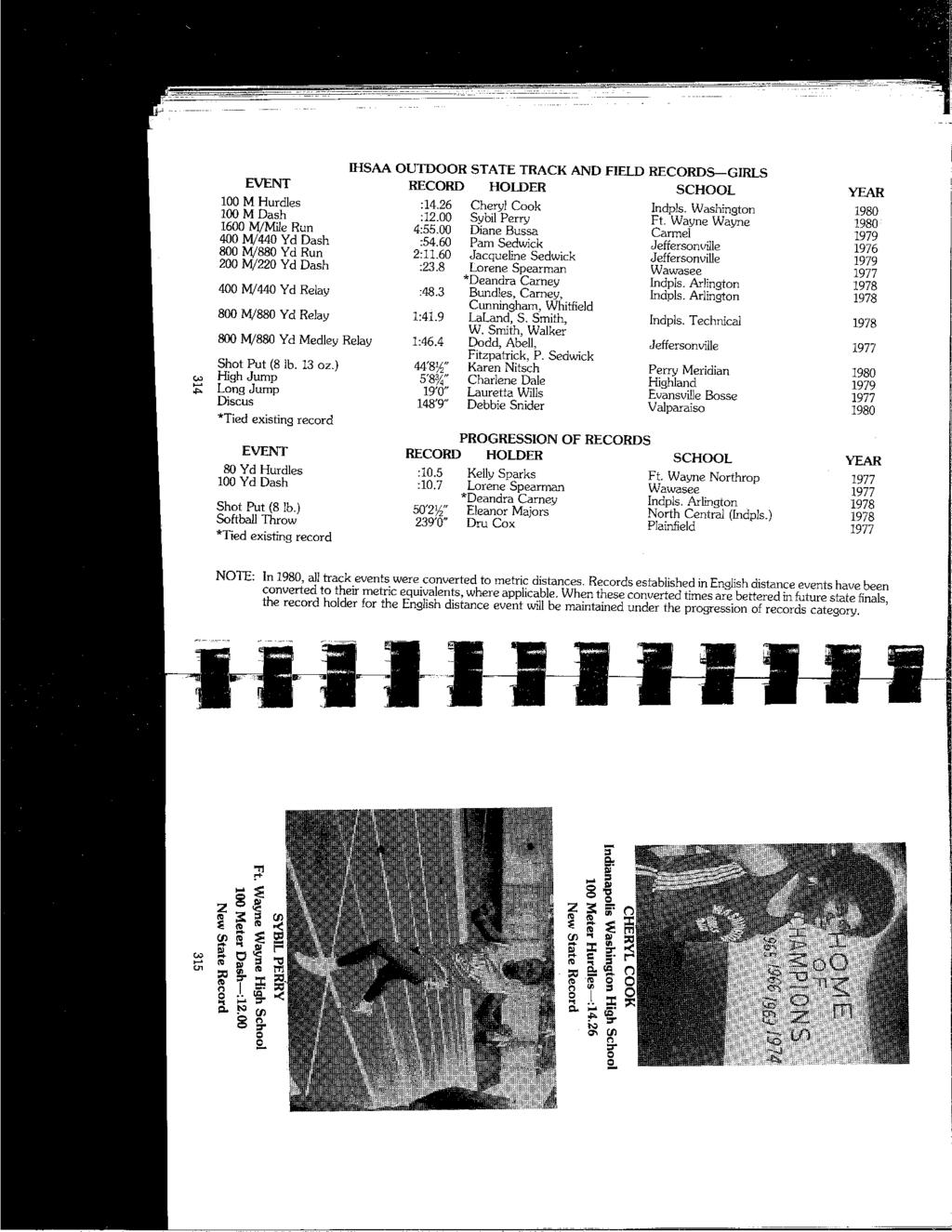IHSAA OUTDOOR STATE TRACK AND FIELD RECORDS-GIRLS EVENT RECORD HOLDER SCHOOL YEAR,;: " 100 M Hurdles :14.26 Cheryl Cook Indpls. Washington 1980 100 M Dash :12.00 Sybil Perry Ft.