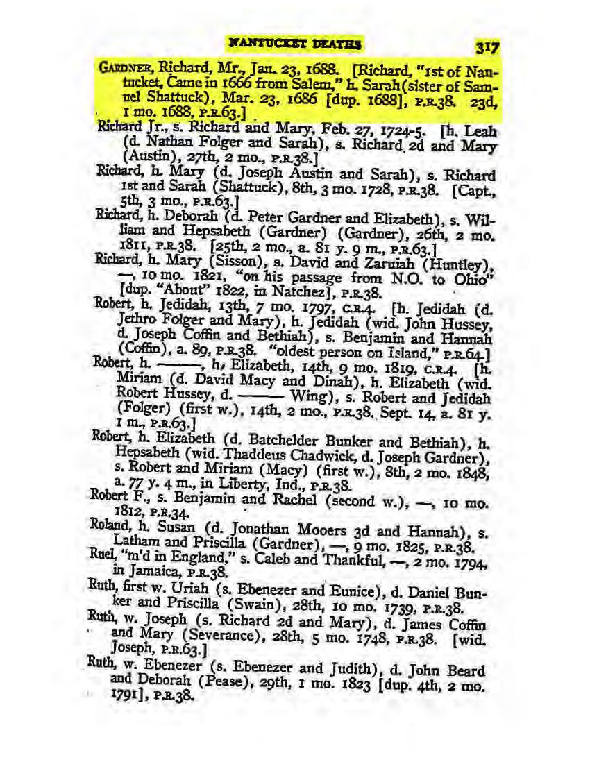 uu um:r D 4'1111 GAIDNER. Richard, Mr., Jan. 23, 1688. [Richard, "Ist of Nantucket. tame in 1666 from Salem," h. Sarah( sister of Samuel Shattuck), Mar.23, 1686 [dup. 1688], P.R.38. 23d, I mo.