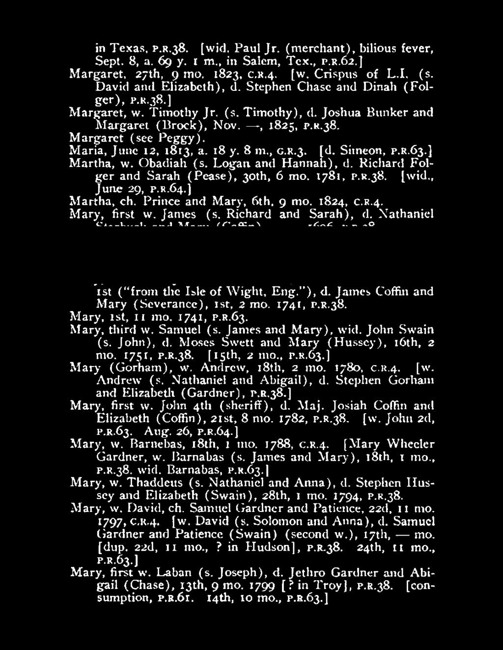 310 NANTUCKET DEATDS in Texas,.P.a.38. [ wjd, Paul Jr. (merchant), bilious fever, Sept. 8, a. 69 y. r m., in Salcmt Tex., P.R.62.] ~1argaret, 27th, 9 mo. 1823, C.l~.4. [w. Crispus of L.I. (s.