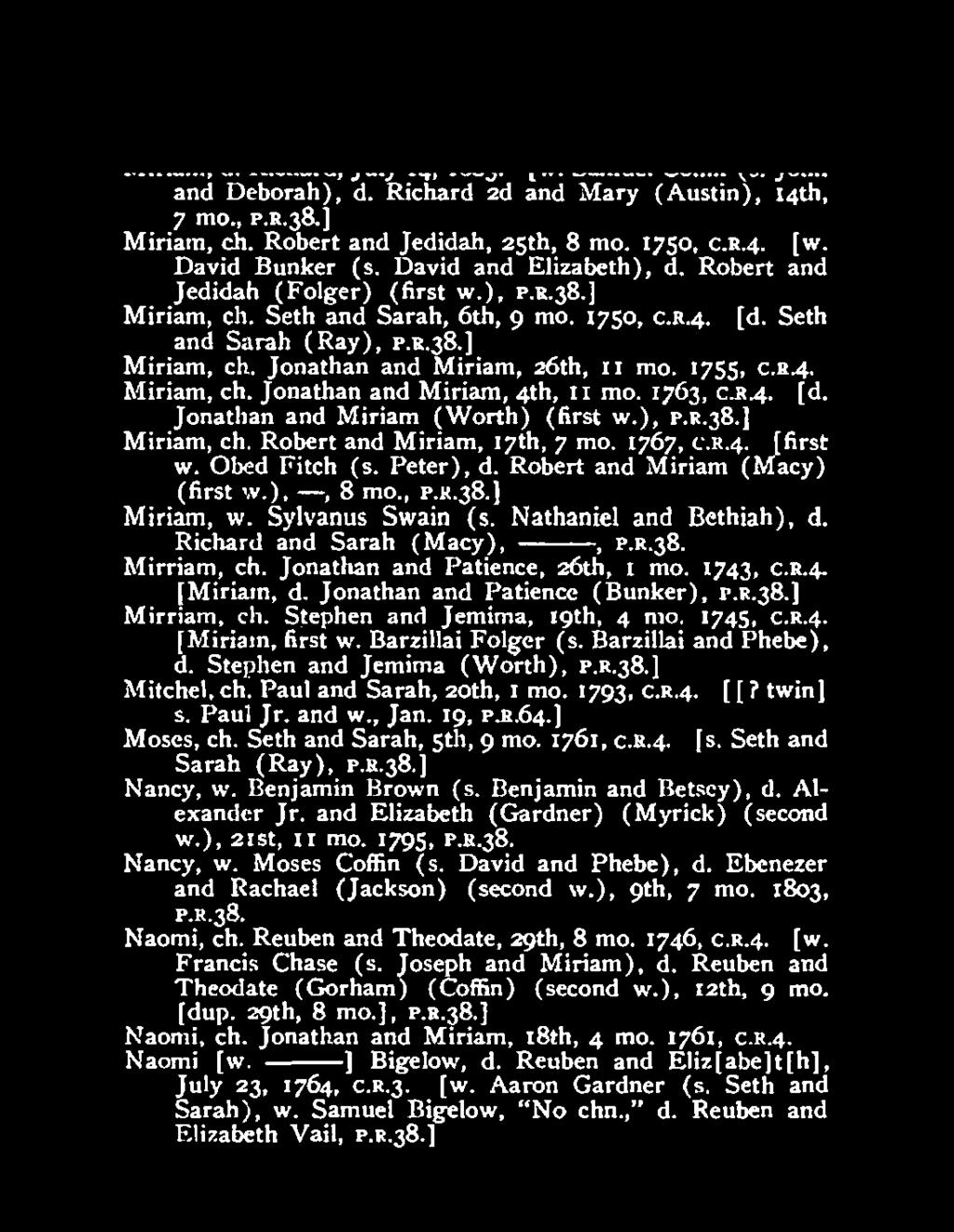 NANTUCKET BIRTHS GARDNER, Afiriam, w. John Worth (s. William and Sarah), d. Richard 1st and Sarah (Shattuck), 14th, 7 mo. 1671 [.ric, s~6 Love, dup., 1664 or 65, s,, dtalh 1, P.a.JS. Miriam, d.