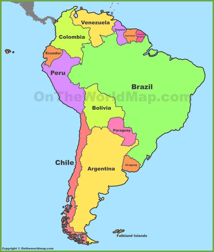 South America Label the following: Venezuela, Chile, Paraguay, Brazil,