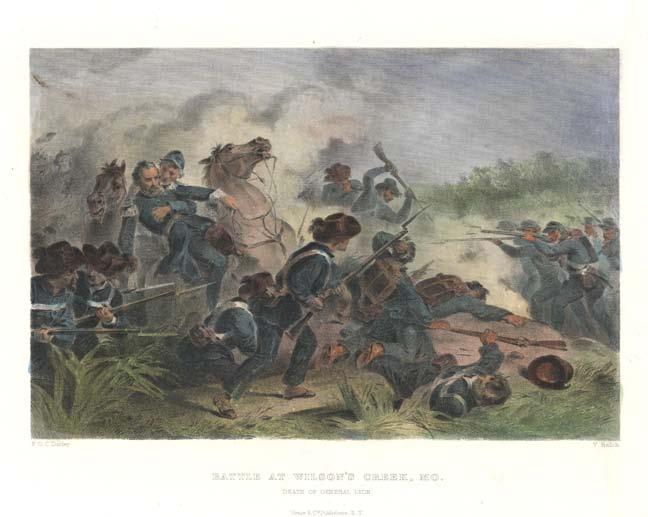 P0084-0611. "Battle At Wilson's Creek, MO. Death of General Lyon." Hand colored steel engraving by F.O.C. Darley, 1862.