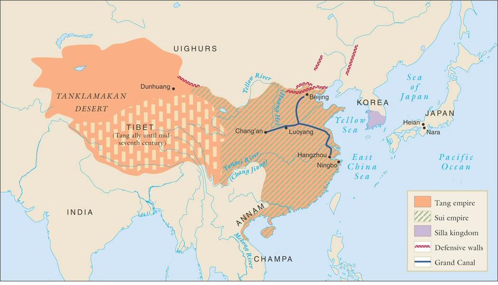 40. The Grand Canal, shown in the map above, achieved all of the following EXCEPT A) connecting the millet-growing area of China with the