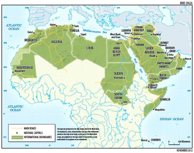 ARAB REGION The Arab world is considered an area of the world that encompasses the region from the Atlantic Ocean near northern Africa east to the Arabian Sea.