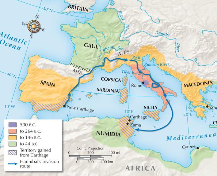 From 264 B.C. to 146 B.C., Rome fought the three Punic Wars against Carthage.