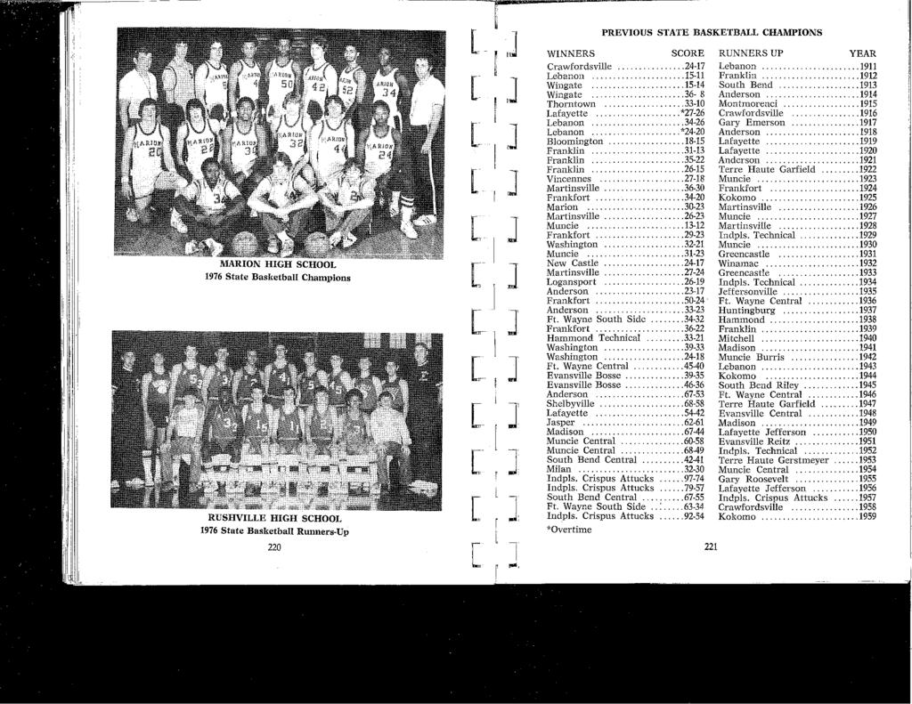 MARON HGH SCHOOL 1976 State Basketball Champions [,J [ [ ] PREVOUS STATE BASKETBALL CHAMPONS WNNERS SCORE RUNNERS UP YEAR Crawfordsville... 24-17 Lebanon... 1911 Lebanon... 15-11 Franklin.