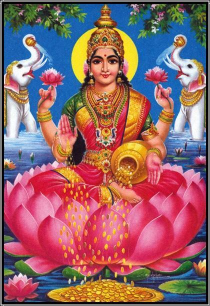 Iconic representation of Goddess Lakshmi bestowing abundant wealth.