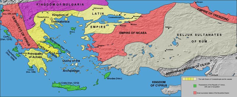 Angelos, cousin of Isaac II Epirus Theodore Laskaris, son-in-law of Alexios III Empire of Nicaea Boeotia Boniface got Macedonia and Thessaly rebels Alexios and John Komnenus since before 1204 Empire