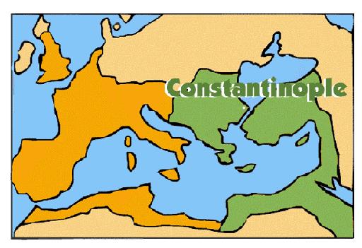 395 CE = final division of Roman Empire into eastern and western halves 476 = end of the