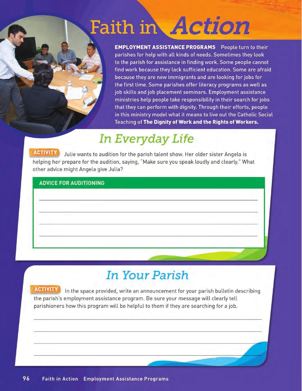 Grade 6 Faith in Action Page FAITH IN ACTION PAGE Each chapter includes a Faith in Action page that highlights a parish ministry