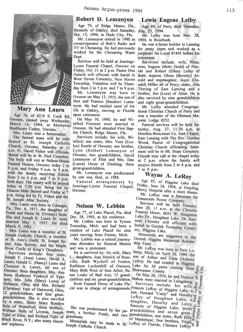 Owosso Argus-press 1994 Robert D. Lemunyon Lewis Eugene Leiby Age 79, of Ridge Manor, Fla., Age 89, of Perry died Thursday, formerly of Oakley, died Saturday, Aug. 25, 1994. Oct.