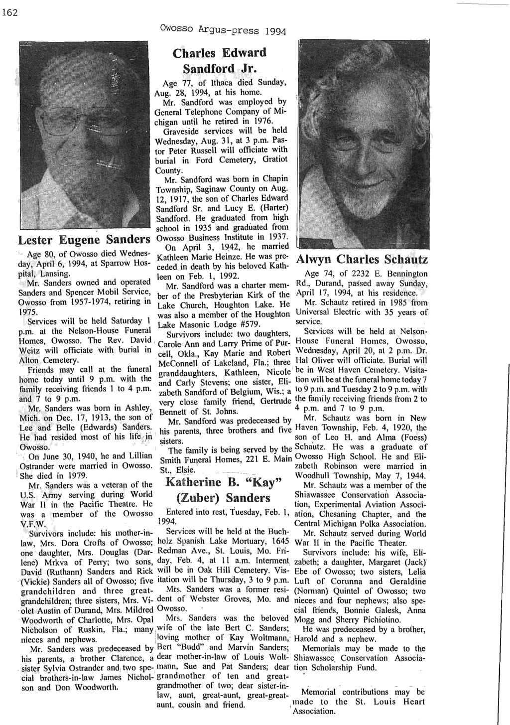 162 Owosso Argus-press 1994 Charles Edward Sandford Jr. Age 77, of Ithaca died Sunday, Aug. 28, 1994, at his home. Mr.