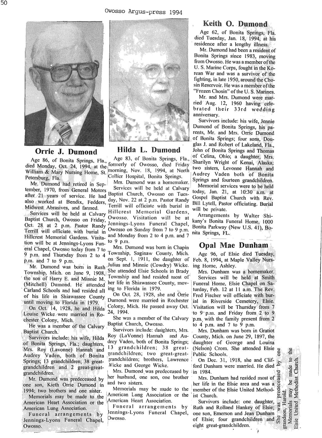 on ('I 50 owosso Argus-press 1994 Keith O. Dumond. Age 62, of Bonita Springs, Fla. died Tuesday, Jan. 18, 1994 at his residence after a lengthy iii~ess. Mr.