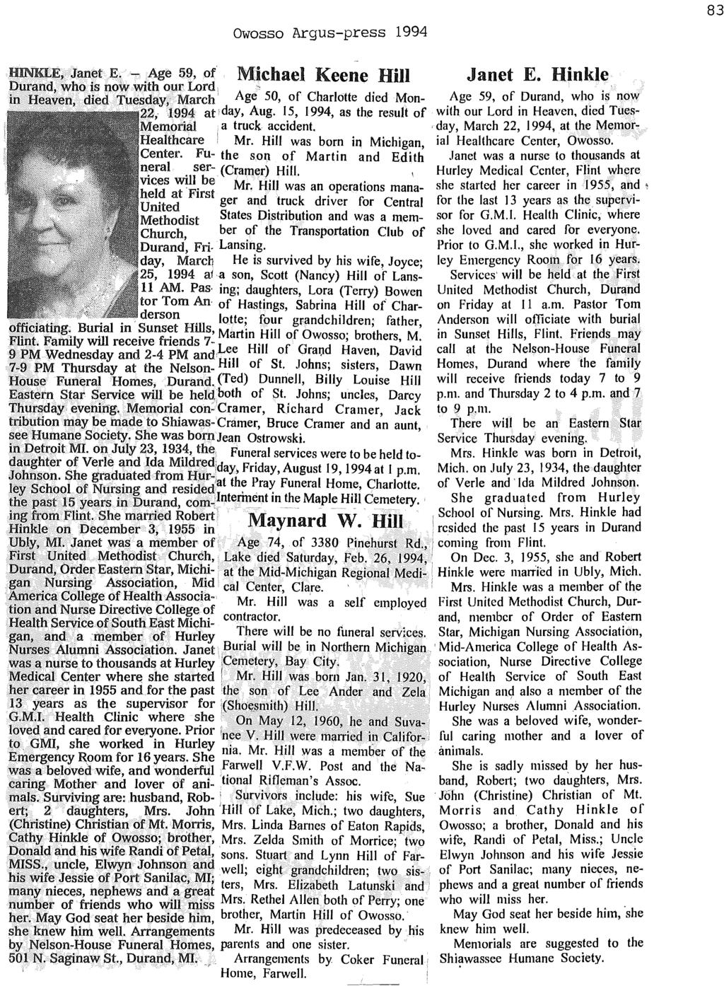 Owosso Argus-press 1994 83 HINKLE, Janet E. - Age 59, of Michael Keene Hill Janet E.