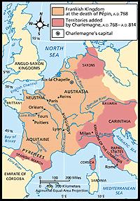 http://my.hrw.com/ss/wh/student/wma/wma004.html Page 2 of 3 Charlemagne's Empire, 768 814 empire. It also created a "buffer zone" a kind of frontier between Christian and Muslim Europe.