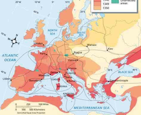 By studying a map that illustrates the spread of the plague, we can develop conclusions regarding its effect on the civilization of the late Middle Ages.