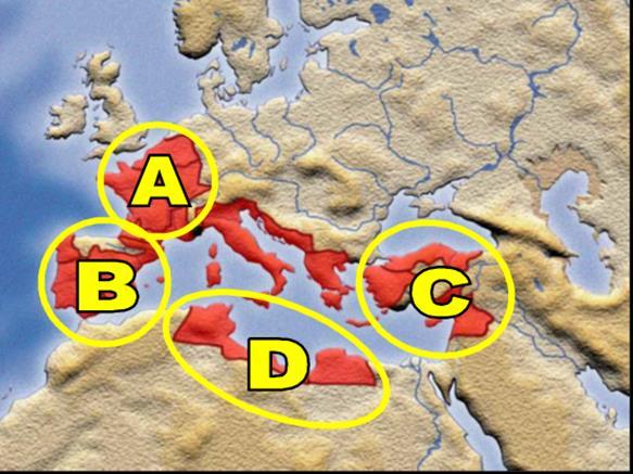 SD-CP-SS-2 When Julius Caesar was murdered in 44 BCE, the Roman Empire included the red areas on this map.