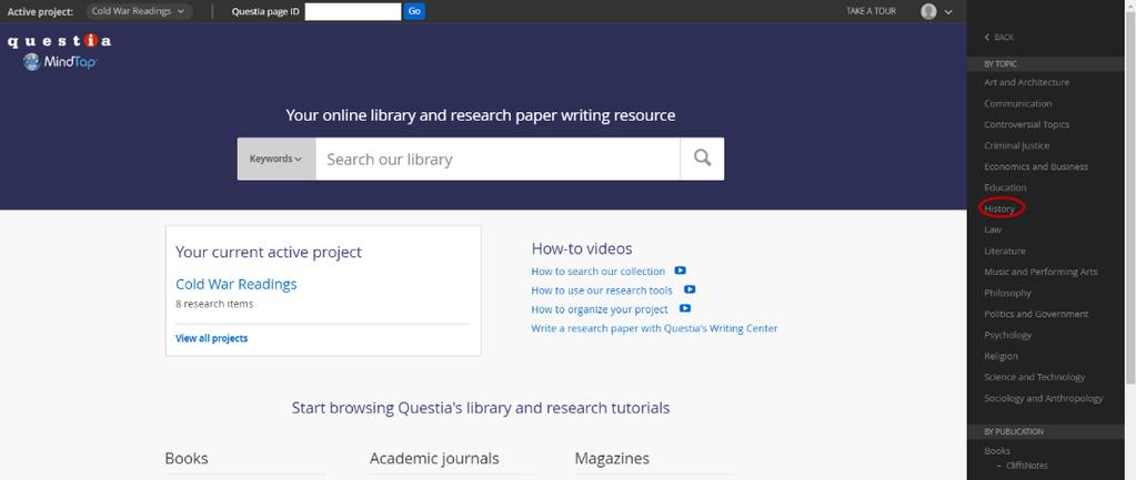 Browsing the Library Use the following procedure to find Questia