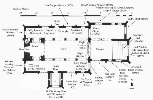 By the late 1800s, the art of stained glass had been revived and commemorative windows started to appear in St Laurence. See the annotated plan above for their locations and details.