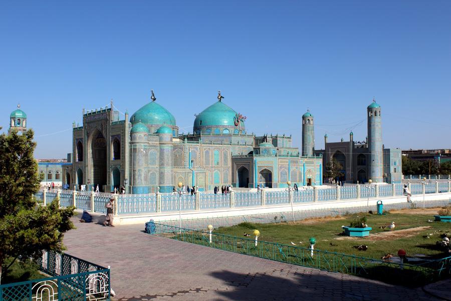009 Blue Mosque, Mazar-e-Sharif, Afghanistan. Mazar-e-Sharif literally means "Noble Shrine". This is a reference to the Blue Mosque in the center of the city.