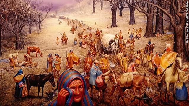 Station : Trail of Tears In 88 and 89, large groups of Cherokee people migrated to the newly formed Indian territories along a pathway that would become known as the Trail of Tears.